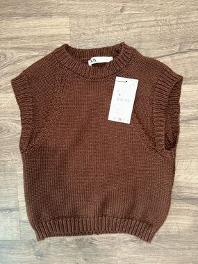 Zara Chocolate Brown Sleeveless Crew Knit Sweater